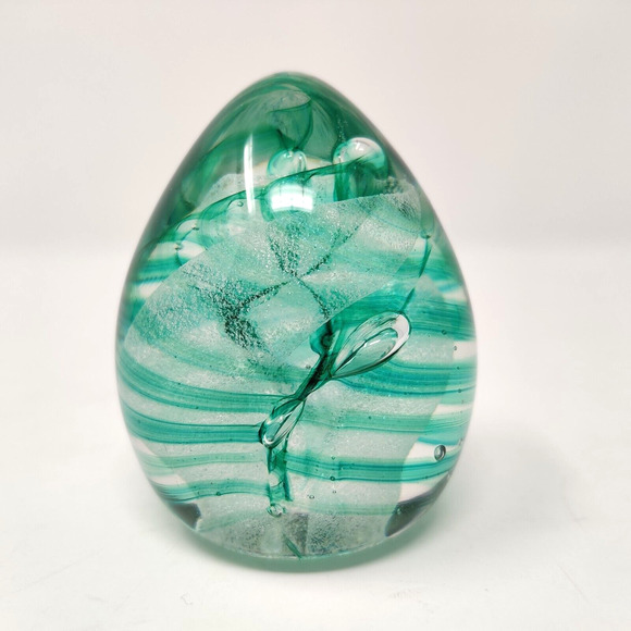 Vintage Studio Glass Paperweight Egg Green Swirl Signed Ann Corcoran '93 Nouwrot - Picture 12 of 16